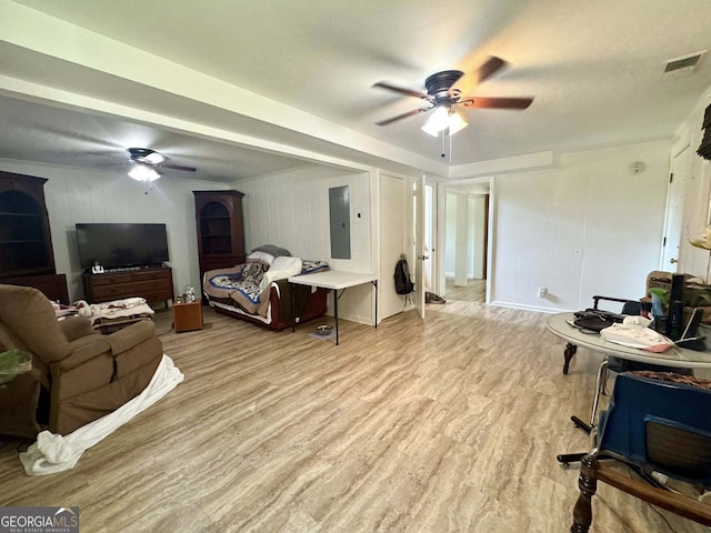 bedroom featuring a ceiling fan, light wood-style floors, visible vents, and electric panel