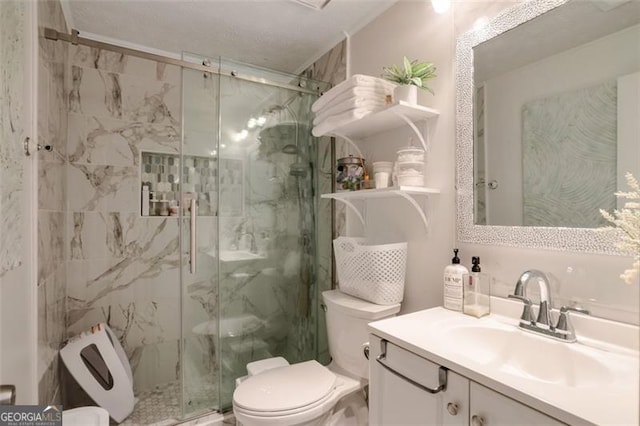 3130 Jorden Crest Ct, Lawrenceville, GA 30044 - bathroom with vanity, a marble finish shower, and toilet