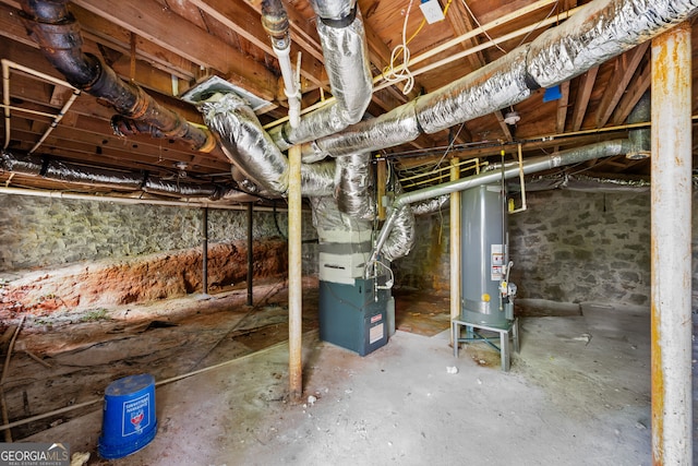 unfinished basement with water heater and heating unit