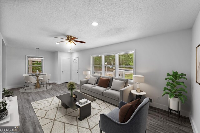 living room with baseboards, a ceiling fan, a textured ceiling, and wood finished floors