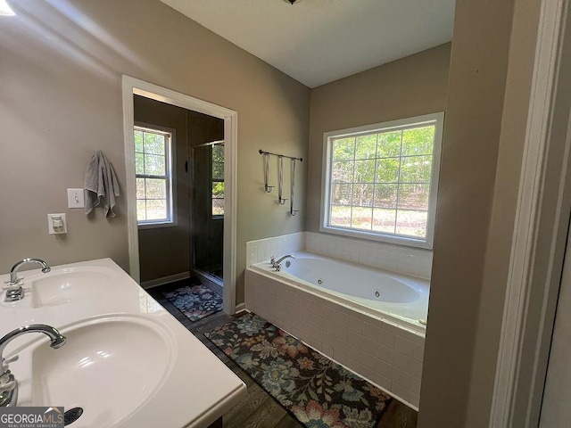 bathroom with a healthy amount of sunlight, a whirlpool tub, and a sink