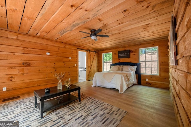 bedroom featuring wooden ceiling, wood walls, wood finished floors, and visible vents