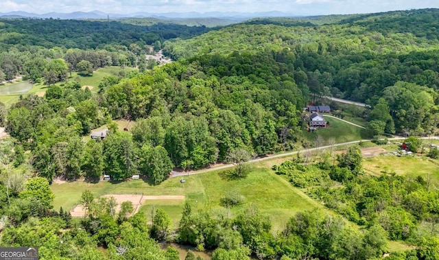 drone / aerial view with a wooded view and a mountain view