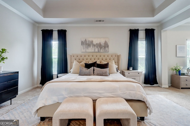 5601 Savannah River Rd, Atlanta, GA 30349 - bedroom with light colored carpet, visible vents, multiple windows, and a raised ceiling