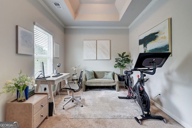 5601 Savannah River Rd, Atlanta, GA 30349 - carpeted office featuring visible vents, ornamental molding, baseboards, and a tray ceiling