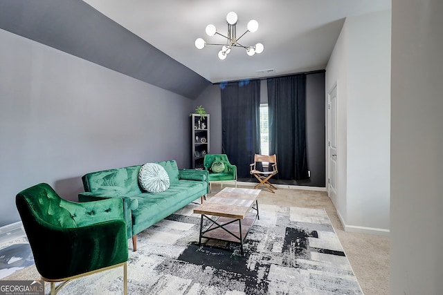 5601 Savannah River Rd, Atlanta, GA 30349 - living area featuring carpet flooring, an inviting chandelier, visible vents, baseboards, and vaulted ceiling