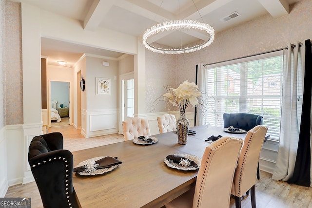 5601 Savannah River Rd, Atlanta, GA 30349 - dining space featuring light wood-type flooring, a decorative wall, a wainscoted wall, and beam ceiling