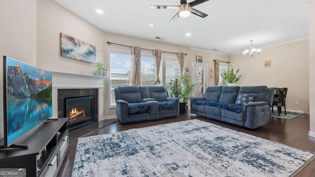 1155 Hampton Oaks Dr, Alpharetta, GA 30004 - living room featuring crown molding, a fireplace, baseboards, ceiling fan with notable chandelier, and dark wood-style floors