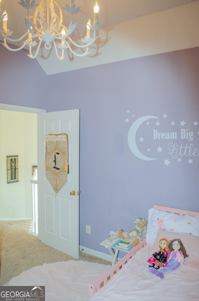 unfurnished bedroom with baseboards, a chandelier, and carpet