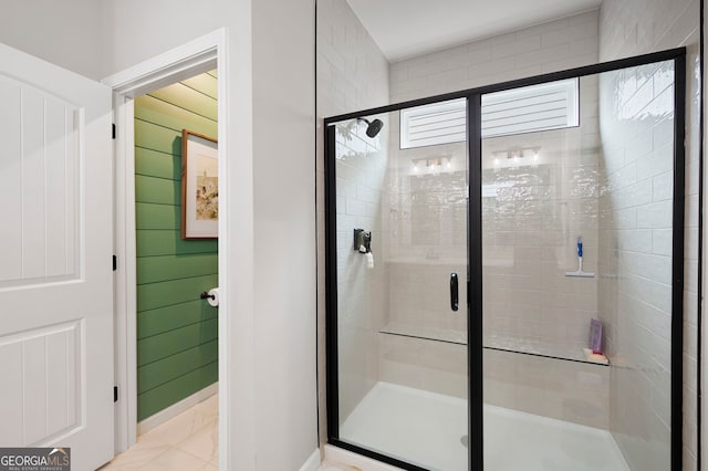 109 Aspen Way, Dallas, GA 30157 - full bathroom featuring baseboards, a shower stall, and marble finish floor