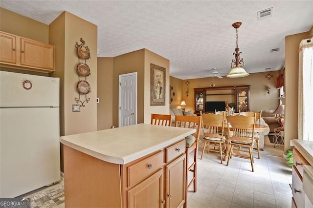 238 Diamond Valley Pass, Canton, GA 30114 - kitchen featuring a kitchen island, a textured ceiling, visible vents, freestanding refrigerator, and open floor plan