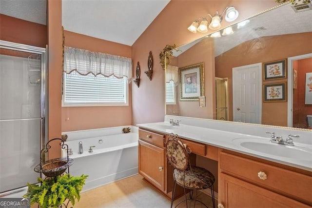 238 Diamond Valley Pass, Canton, GA 30114 - bathroom with a sink, double vanity, a shower stall, visible vents, and a garden tub
