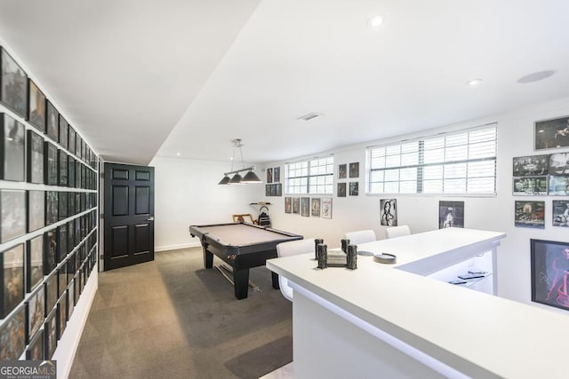 playroom with carpet flooring, recessed lighting, visible vents, and billiards