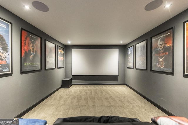 cinema with carpet floors, recessed lighting, and baseboards