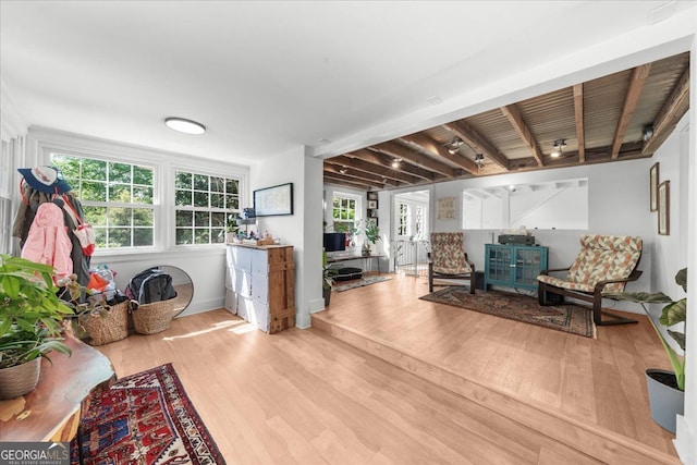 45 Michelle Cir NE, Atlanta, GA 30342 - living room featuring wood finished floors and beamed ceiling