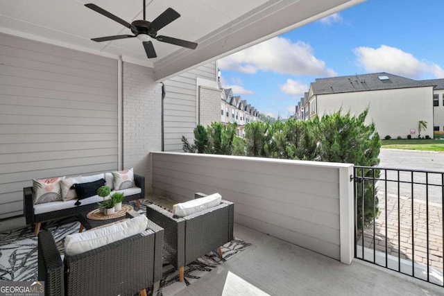 view of patio featuring ceiling fan and an outdoor hangout area