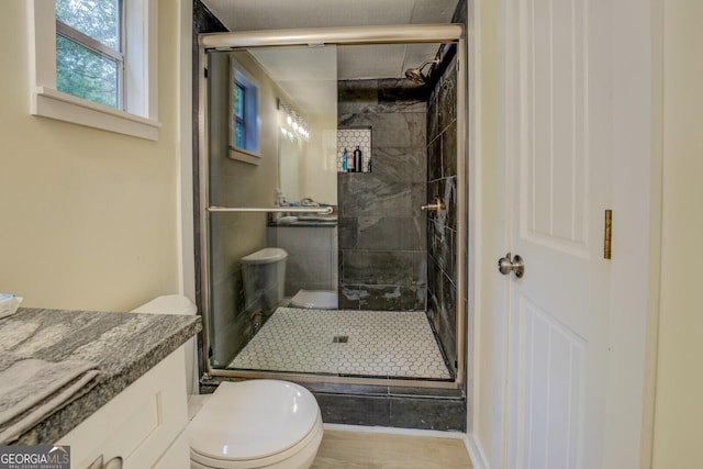 full bathroom featuring vanity, toilet, and a stall shower