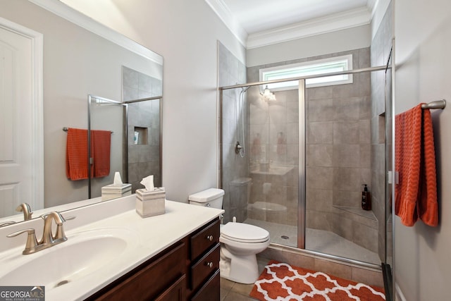 full bathroom with crown molding, tile patterned flooring, vanity, toilet, and a stall shower