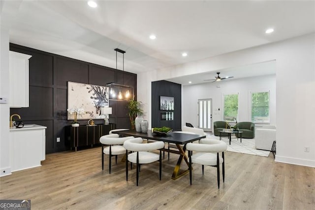 dining room featuring recessed lighting, ceiling fan, and light wood-style flooring