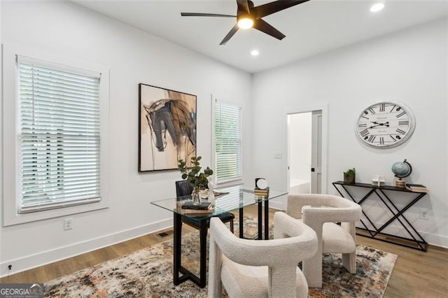 office area with a ceiling fan, baseboards, recessed lighting, and wood finished floors