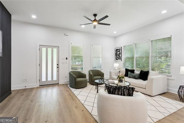 2438 2nd St, Atlanta, GA 30318 - living room featuring ceiling fan, light wood-style floors, and recessed lighting