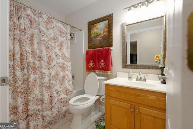 bathroom with toilet, shower / tub combo, tile patterned flooring, and vanity