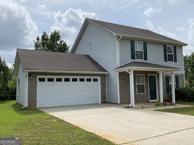 253 Whistle Way, Locust Grove, GA 30248 - view of front of house with concrete driveway, stone siding, an attached garage, a front lawn, and roof with shingles