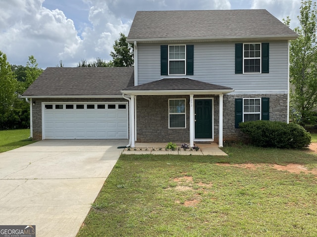 253 Whistle Way, Locust Grove, GA 30248 - traditional-style house with a garage, stone siding, driveway, and a front lawn
