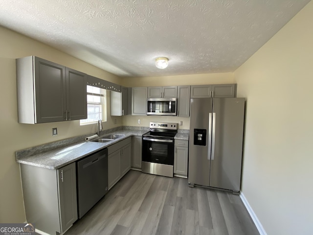 kitchen with a textured ceiling, appliances with stainless steel finishes, a sink, gray cabinetry, and light wood-style floors