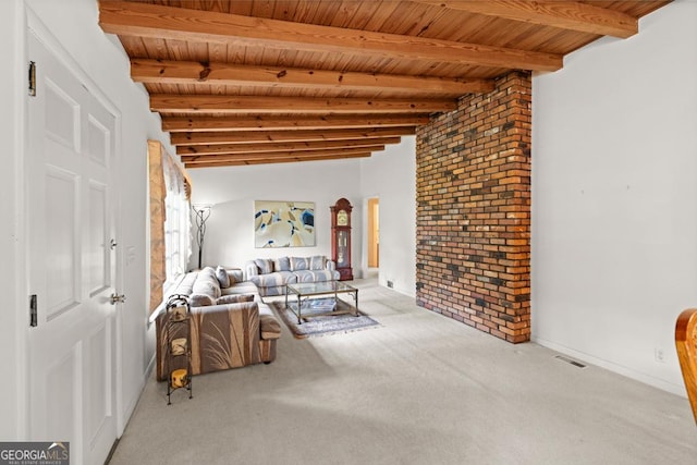 living area featuring wood ceiling, carpet, beam ceiling, and visible vents