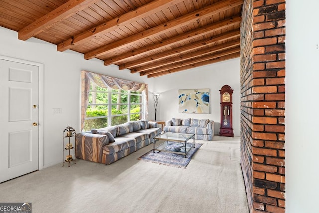 living area featuring wooden ceiling, beamed ceiling, and carpet floors