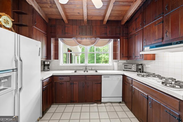 kitchen with tile countertops, a sink, wooden ceiling, beamed ceiling, and white appliances