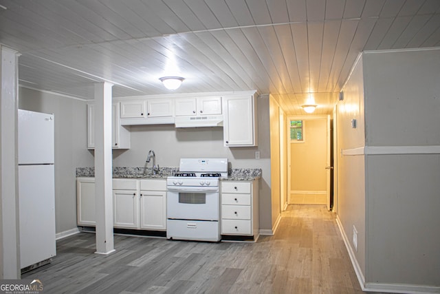 6470 Sherwood Trl, Austell, GA 30168 - kitchen featuring white appliances, under cabinet range hood, white cabinetry, light wood-style flooring, and wooden ceiling
