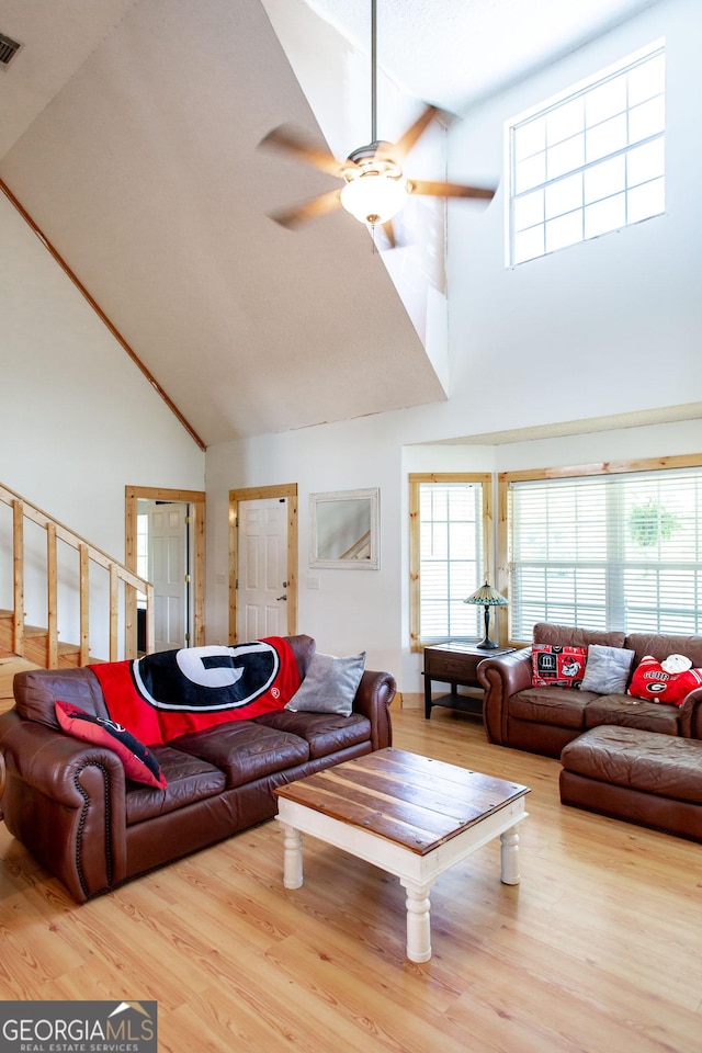 living area featuring a ceiling fan, high vaulted ceiling, visible vents, and wood finished floors