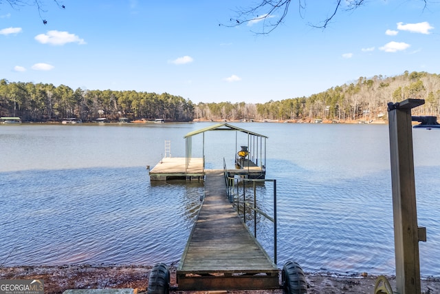 dock area with a view of trees and a water view