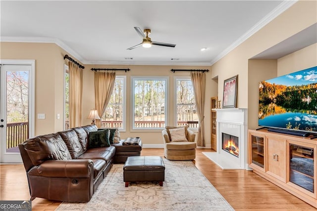 living room featuring ornamental molding, a glass covered fireplace, light wood-style floors, ceiling fan, and plenty of natural light