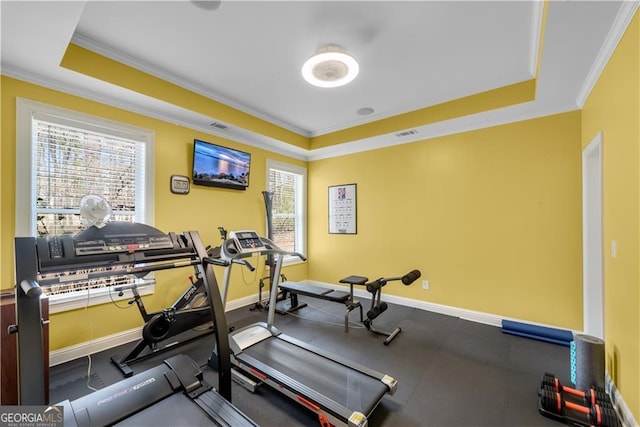 exercise room featuring baseboards, ornamental molding, and a tray ceiling
