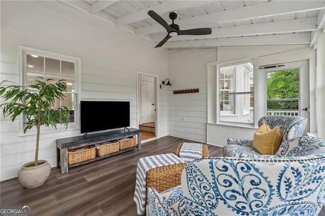 living area with ceiling fan, wood walls, wood finished floors, wooden ceiling, and vaulted ceiling with beams