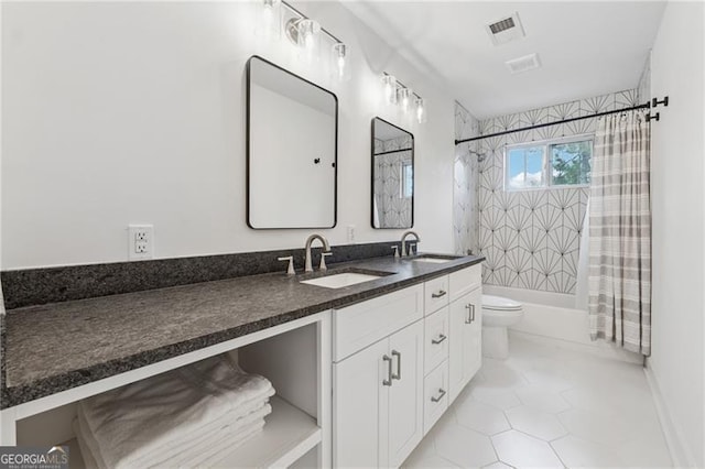 full bath featuring double vanity, visible vents, shower / tub combo, a sink, and tile patterned floors