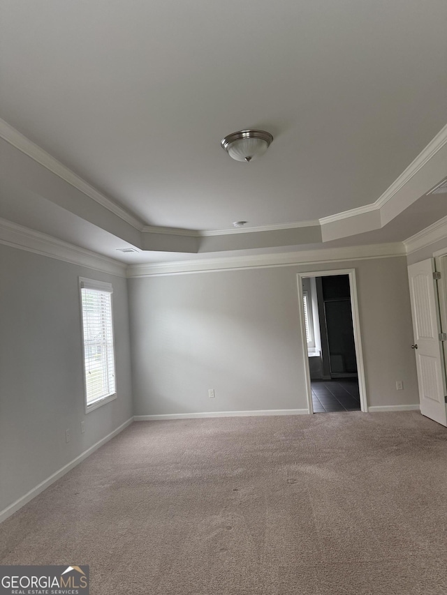 carpeted spare room featuring a tray ceiling, ornamental molding, and baseboards