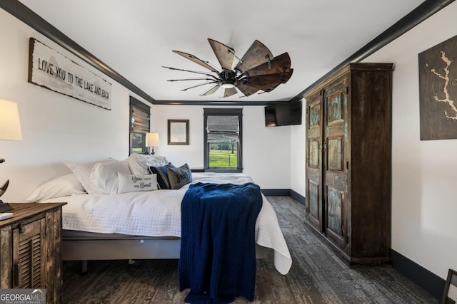 1601 Arrowhead Rd, Greensboro, GA 30642 - bedroom with baseboards, ornamental molding, a ceiling fan, and wood finished floors