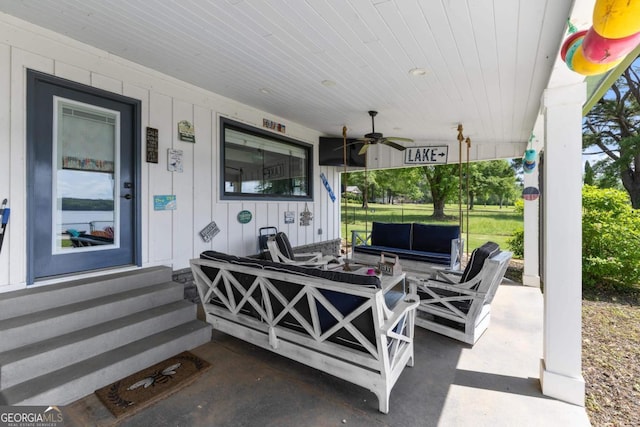 1601 Arrowhead Rd, Greensboro, GA 30642 - view of patio featuring ceiling fan, an outdoor hangout area, and entry steps
