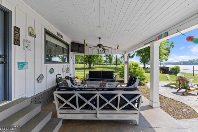 1601 Arrowhead Rd, Greensboro, GA 30642 - view of patio / terrace featuring entry steps, a ceiling fan, and outdoor lounge area