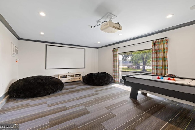 1601 Arrowhead Rd, Greensboro, GA 30642 - home theater room featuring ornamental molding, carpet, and recessed lighting