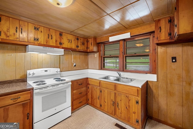 3011 Refuge Rd, Jasper, GA 30143 - kitchen featuring electric range, under cabinet range hood, brown cabinetry, wooden walls, and wooden ceiling