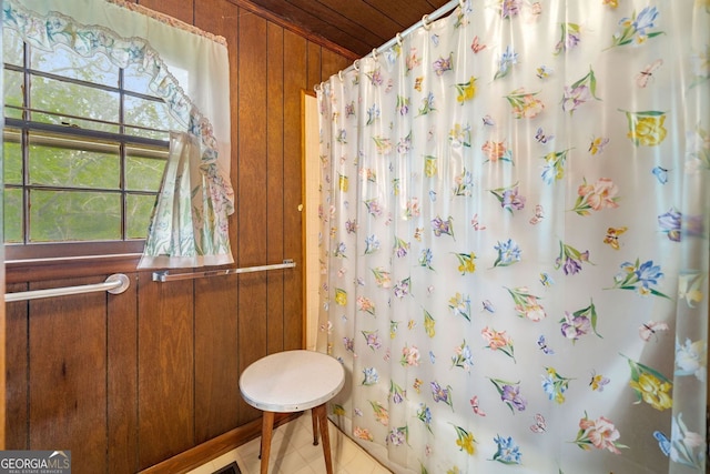 3011 Refuge Rd, Jasper, GA 30143 - full bath with wooden ceiling, wooden walls, and curtained shower