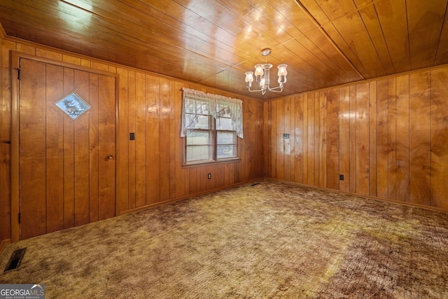 3011 Refuge Rd, Jasper, GA 30143 - interior space featuring wooden ceiling, visible vents, wood walls, a chandelier, and carpet floors