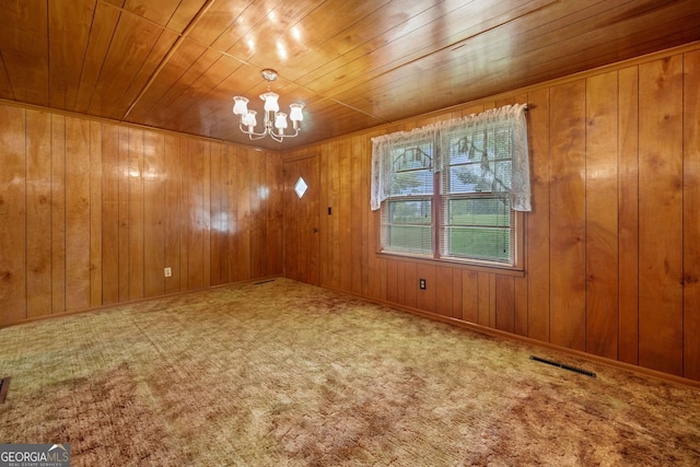 3011 Refuge Rd, Jasper, GA 30143 - empty room with a chandelier, wooden ceiling, wooden walls, and carpet flooring