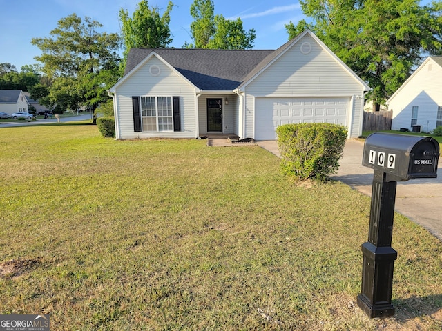 single story home featuring concrete driveway, an attached garage, and a front lawn