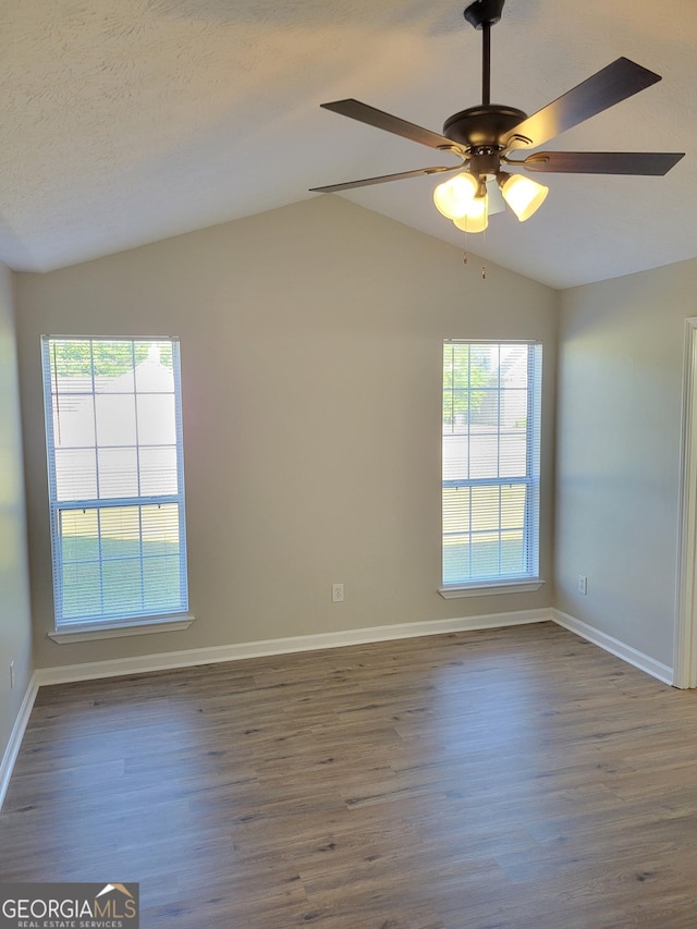 spare room featuring wood finished floors, baseboards, lofted ceiling, and a wealth of natural light